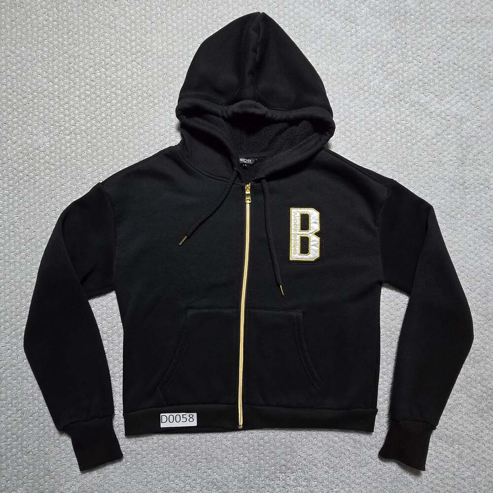Bebe Sport Women's Black Full-Zip Collegiate Hoodie Sweatshirt Gold Letter B